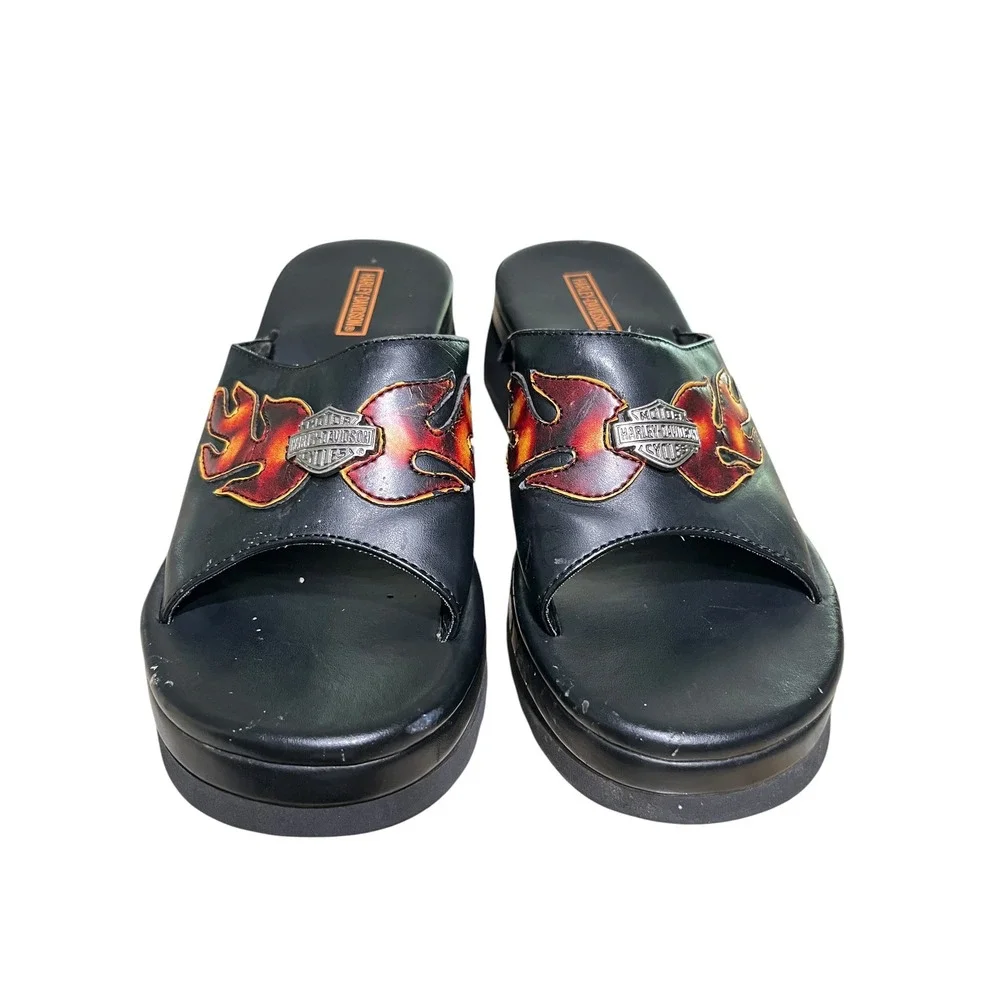 Vintage 90s HARLEY DAVIDSON Platform Sandals Slides 7 Black Flame Biker Goth Y2K